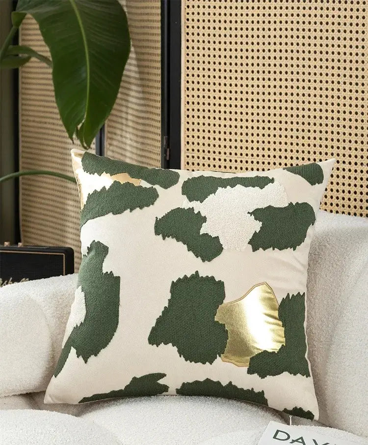 Tropical olive & cream embroidered patchwork cushion cover living room