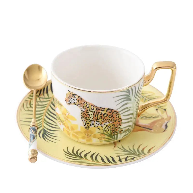 Tropical pink and black toucan porcelain tea cup set dining room