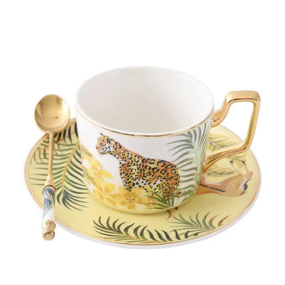 Tropical pink and black toucan porcelain tea cup set dining room