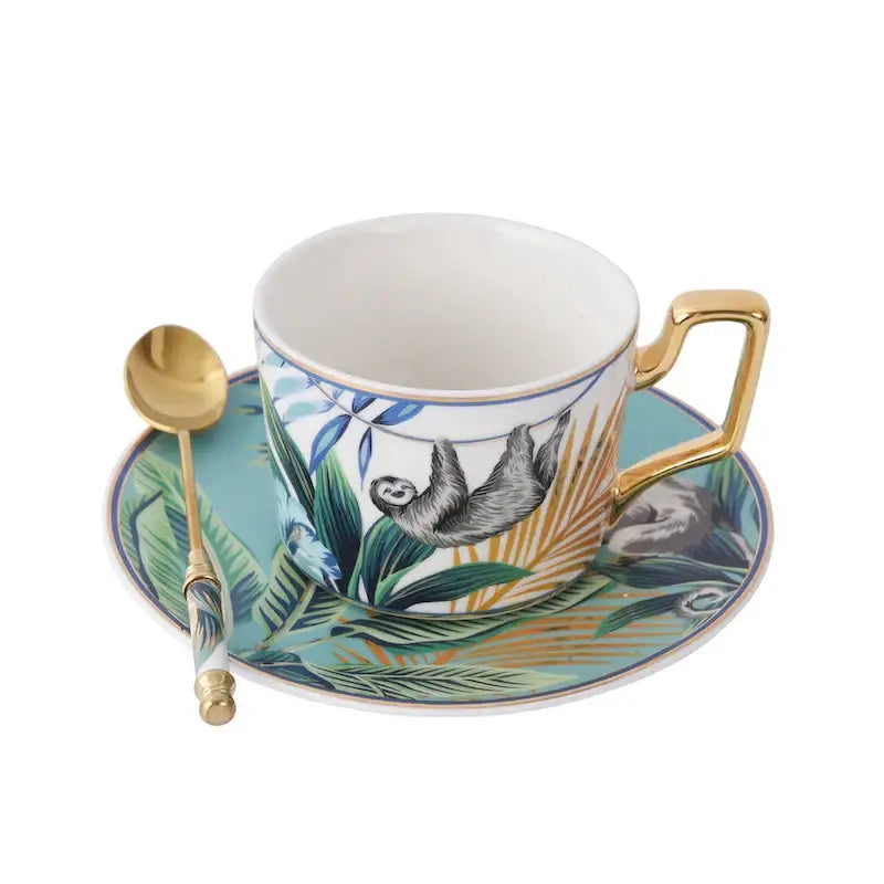 Tropical pink and black toucan porcelain tea cup set dining room