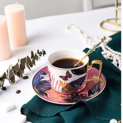 Tropical pink and black toucan porcelain tea cup set dining room
