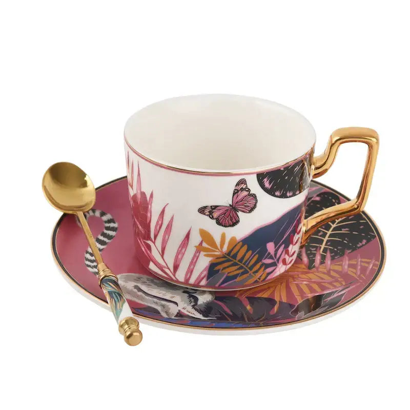Tropical pink and black toucan porcelain tea cup set dining room
