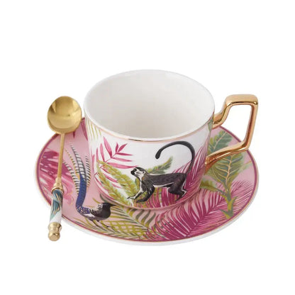 Tropical pink and black toucan porcelain tea cup set dining room