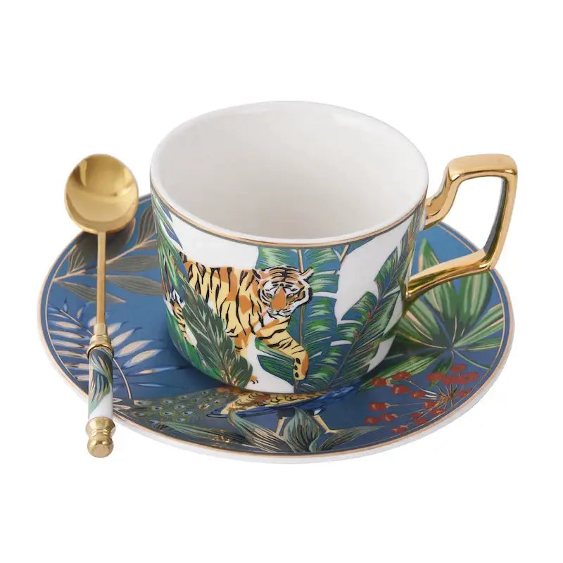 Tropical pink and black toucan porcelain tea cup set dining room