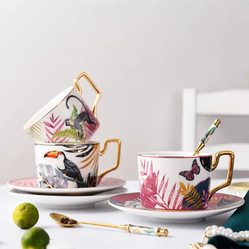 Tropical pink and black toucan porcelain tea cup set dining room