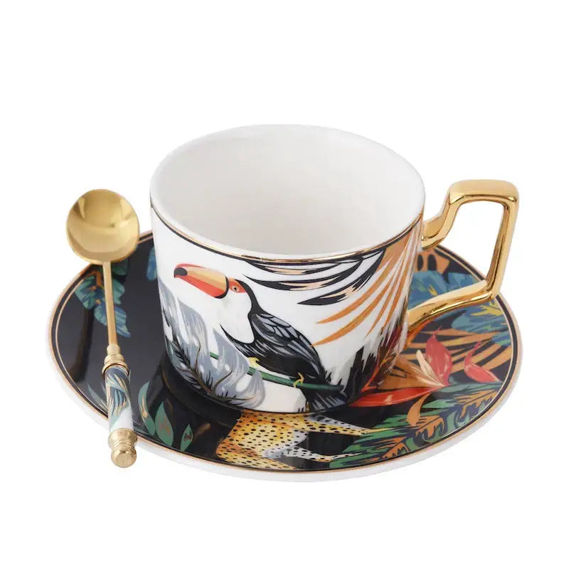 Tropical pink and black toucan porcelain tea cup set dining room