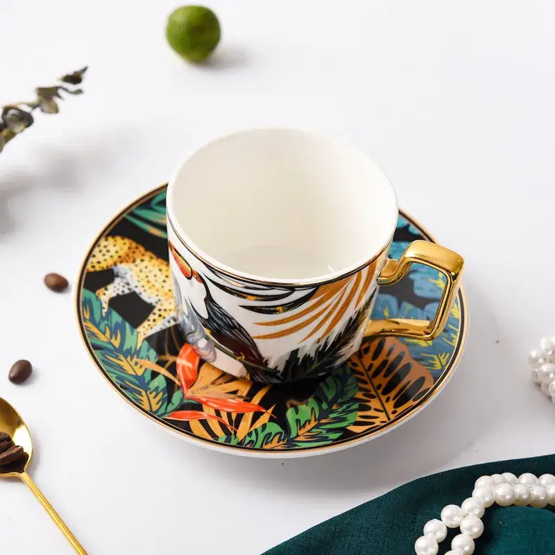 Tropical pink and black toucan porcelain tea cup set dining room