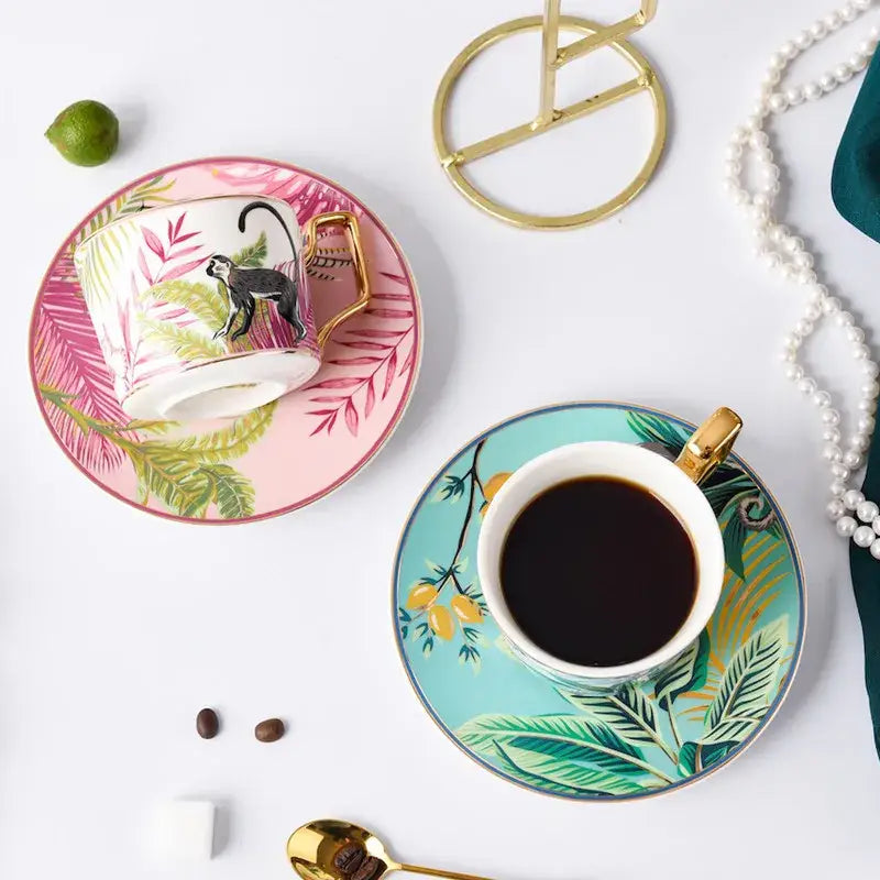 Tropical pink and black toucan porcelain tea cup set dining room