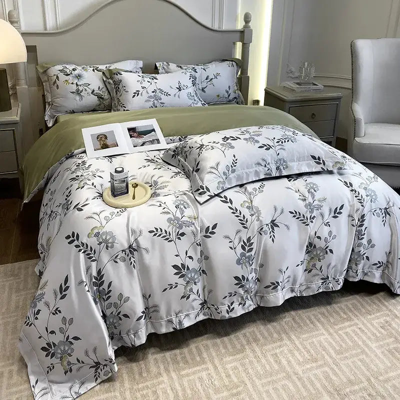 Tropical sage green printed faux silk bedding set bedroom comfort