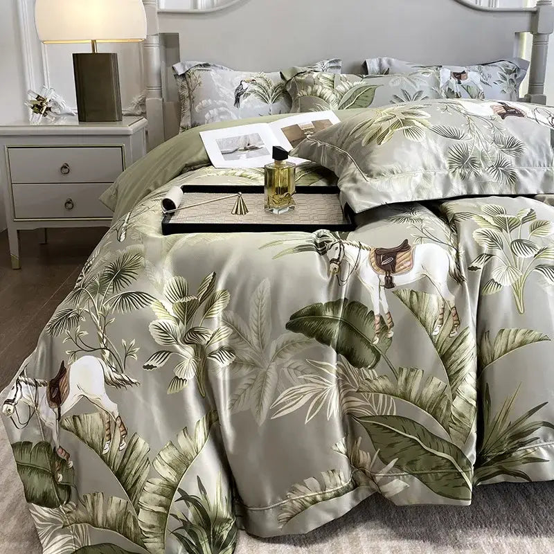 Tropical white horse ice silk plant bedding set bedroom comforter