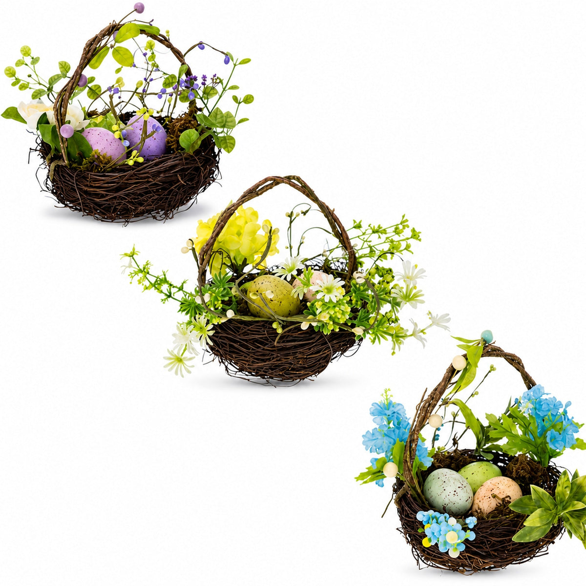 Set of 3 Easter Baskets with Eggs and Spring Flowers