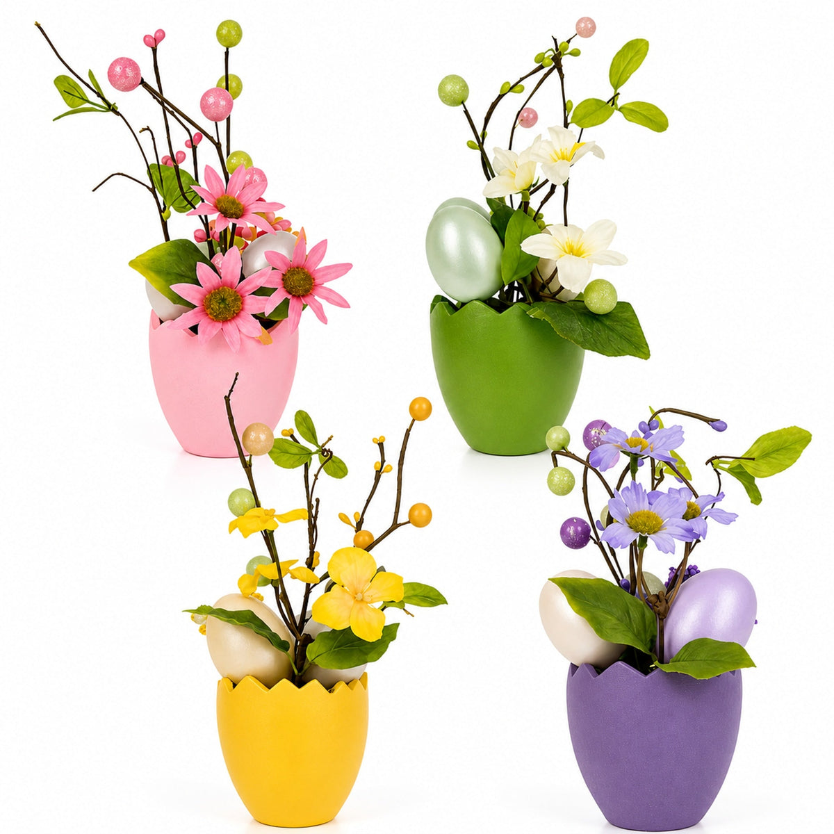 Set of 4 Colorful Spring Flowers with Easter Eggs 7 Inches