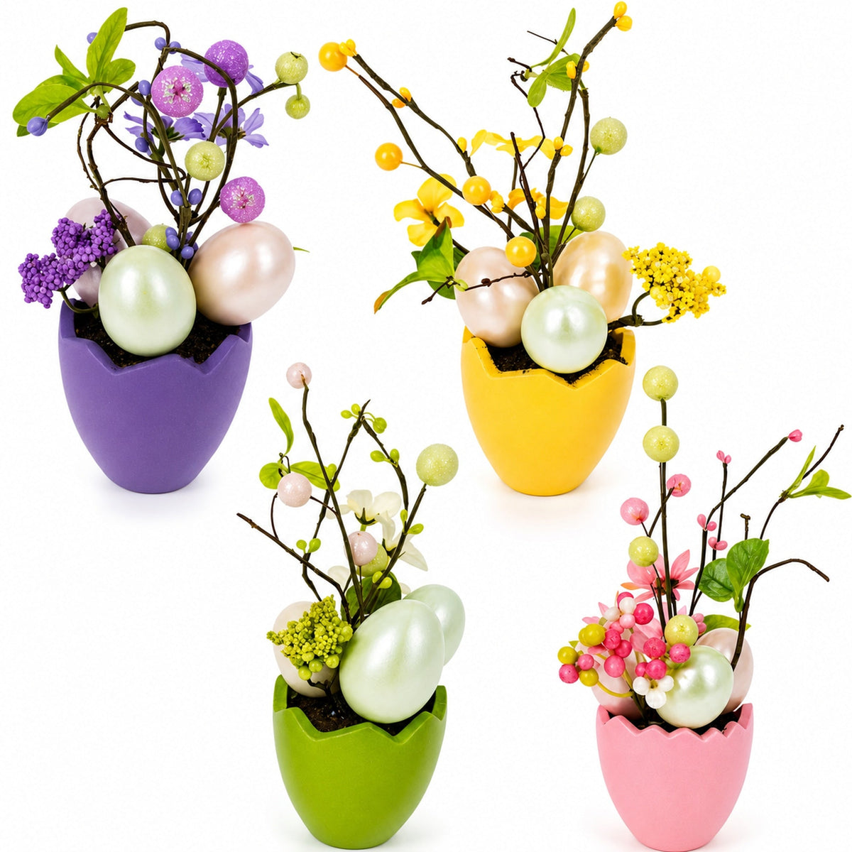 Set of 4 Colorful Spring Flowers with Easter Eggs 7 Inches