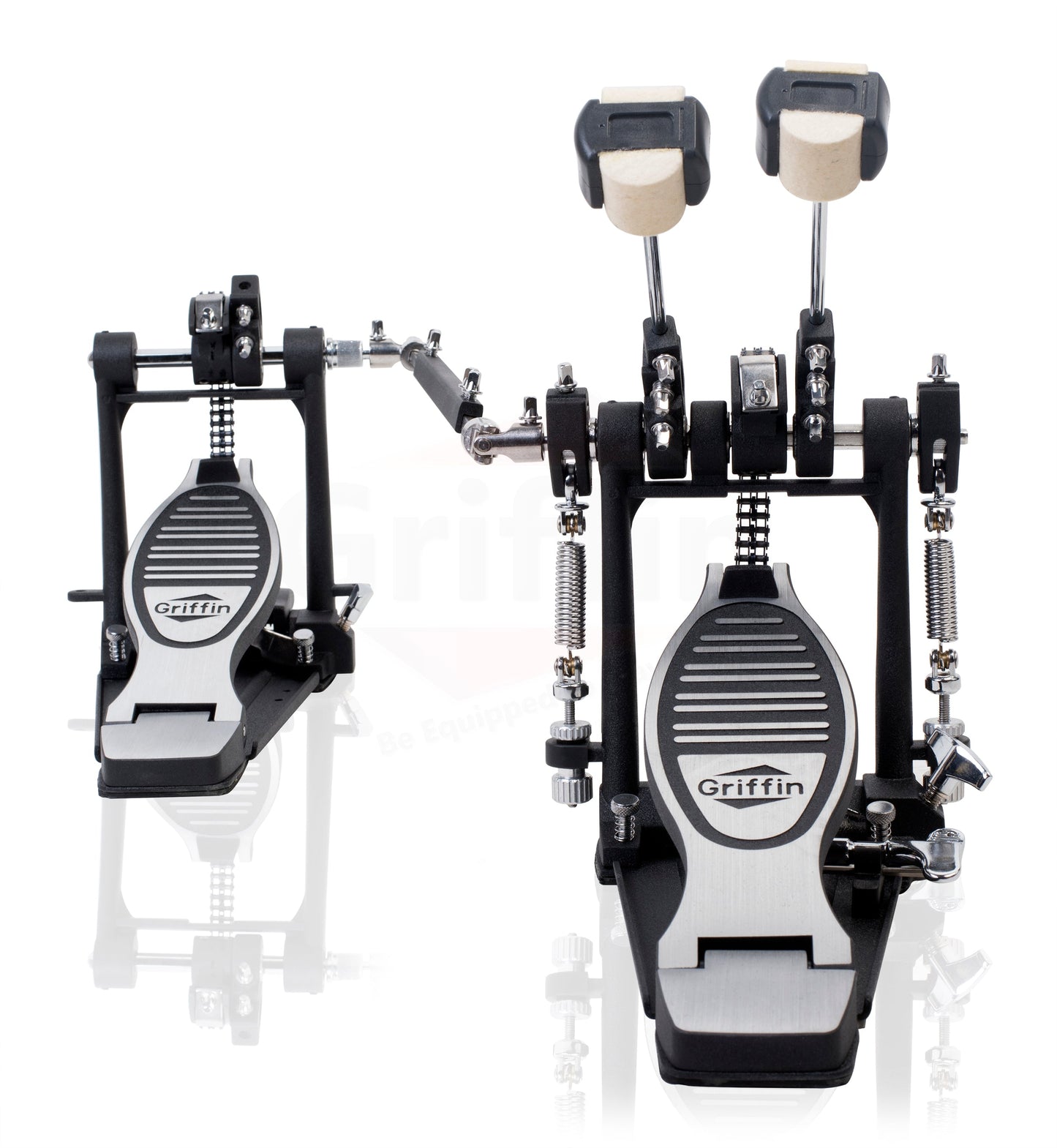 Deluxe Double Kick Drum Pedal for Bass Drum by GRIFFIN | Twin Set Foot Pedal | Quad Sided Beater Heads | Dual Pedal Two Chain Drive Percussion Hardware | Impressive Response for Metal & Rock Drummers