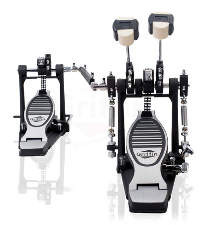 Deluxe Double Kick Drum Pedal for Bass Drum by GRIFFIN | Twin Set Foot Pedal | Quad Sided Beater Heads | Dual Pedal Two Chain Drive Percussion Hardware | Impressive Response for Metal & Rock Drummers