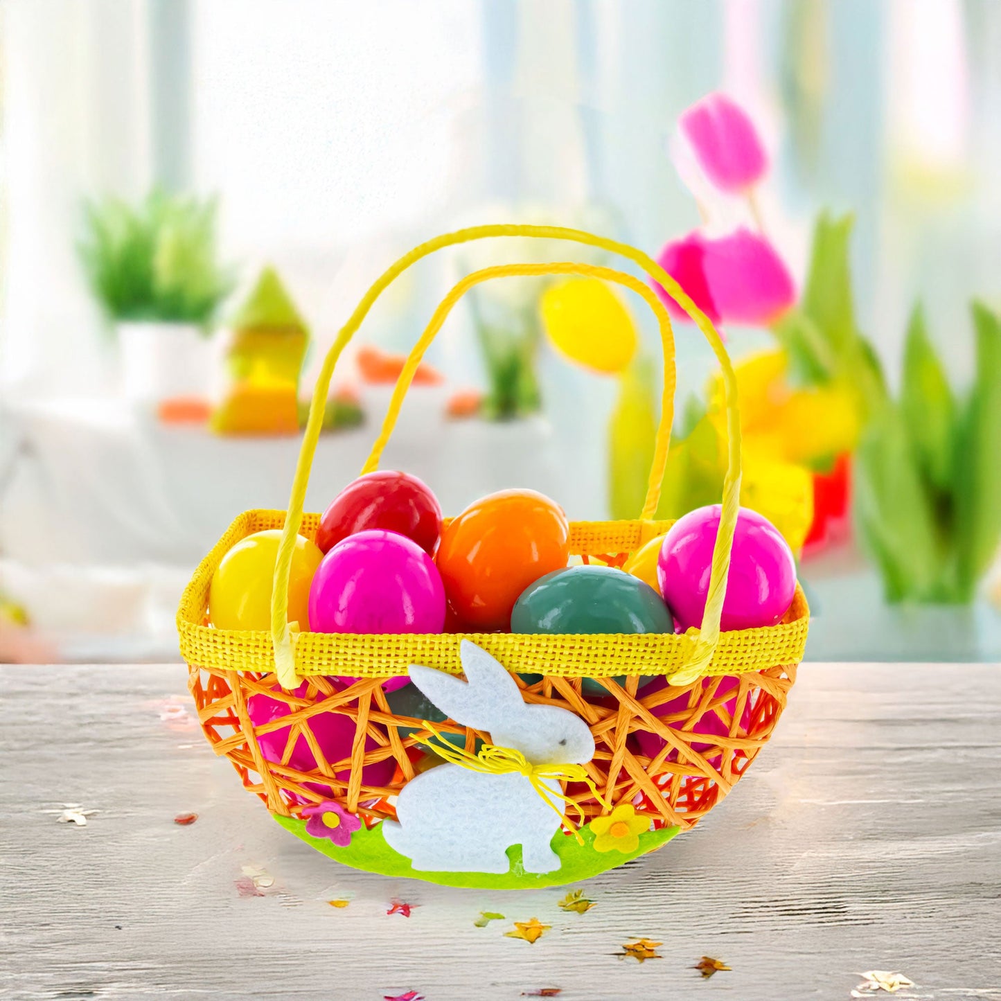 Set of 2 Easter Bunny Egg Hunt Baskets With Floral Accent 6 Inches Tall