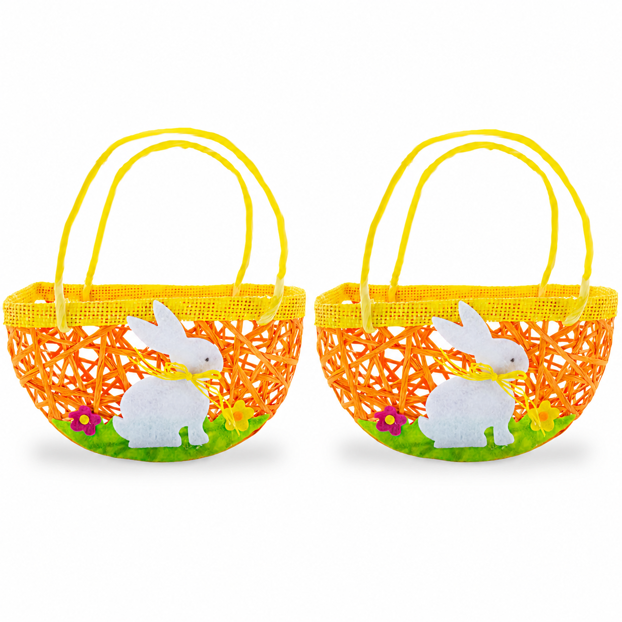 Set of 2 Easter Bunny Egg Hunt Baskets With Floral Accent 6 Inches Tall