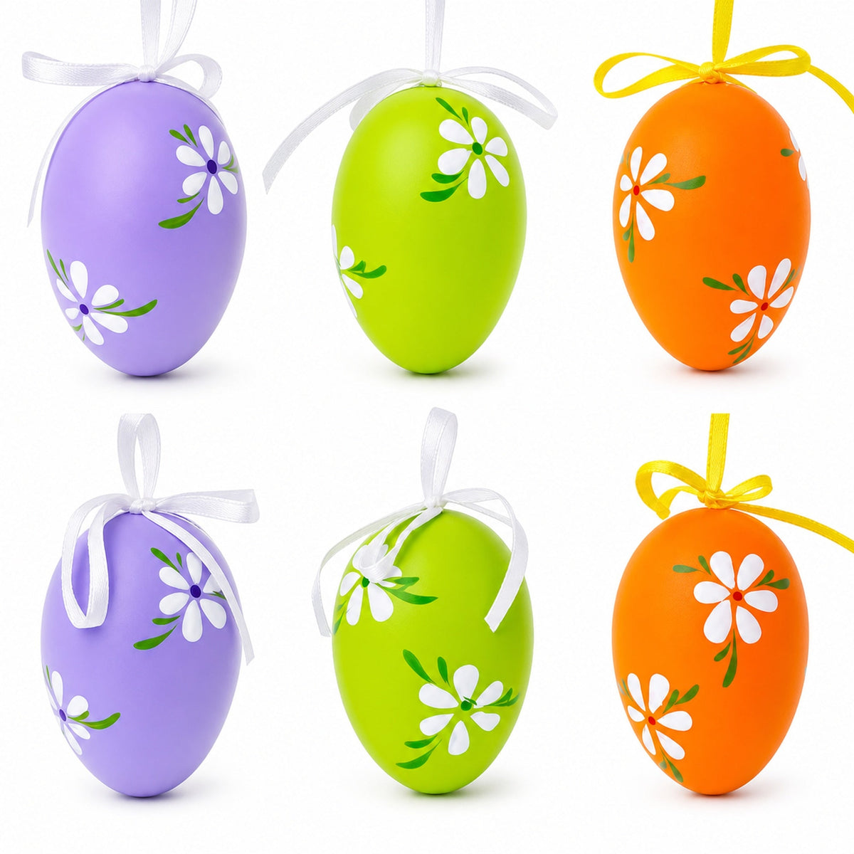 Set of 6 Green, Purple, Orange Flowers Plastic Easter Egg Ornaments 2.25 Inches