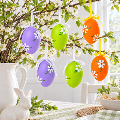 Set of 6 Green, Purple, Orange Flowers Plastic Easter Egg Ornaments 2.25 Inches