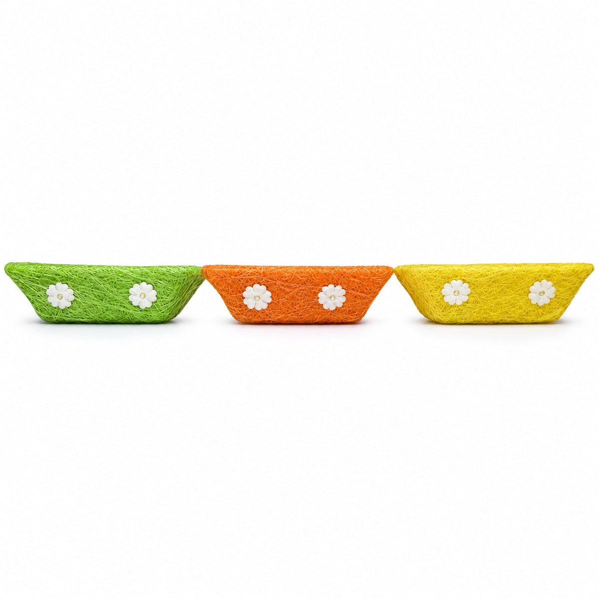 Set of 3 Green, Orange & Yellow Sisal Silk Trays 7 Inches