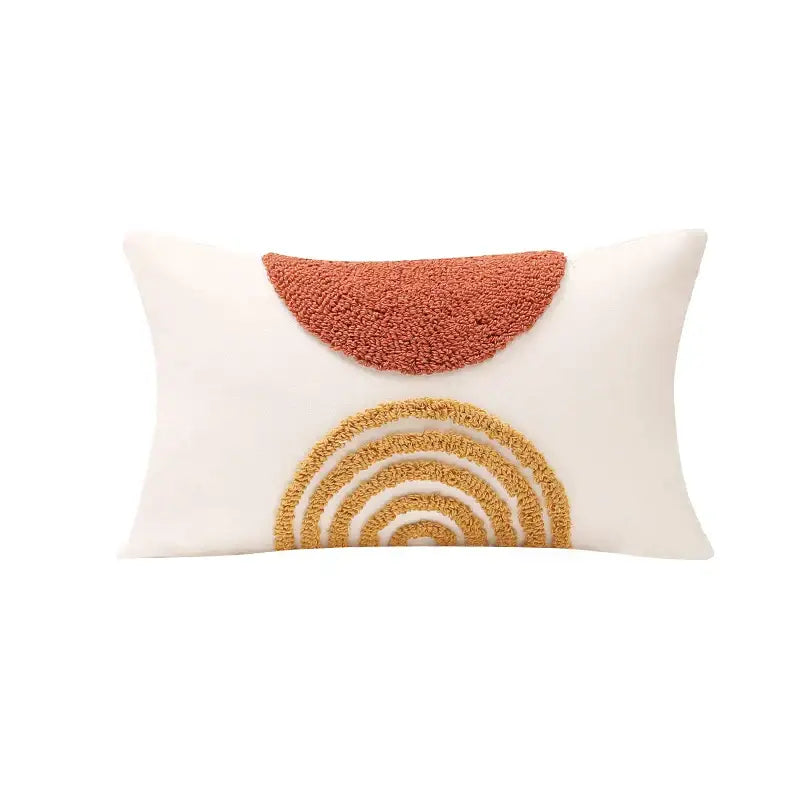 Tufted burnt orange and yellow cushion cover living room