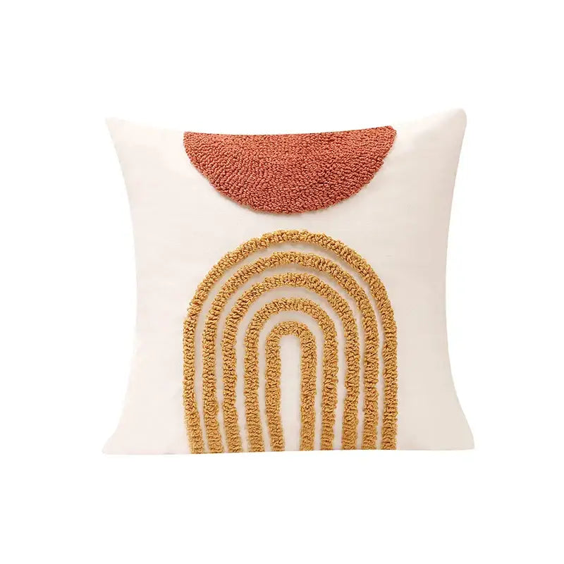 Tufted burnt orange and yellow cushion cover living room