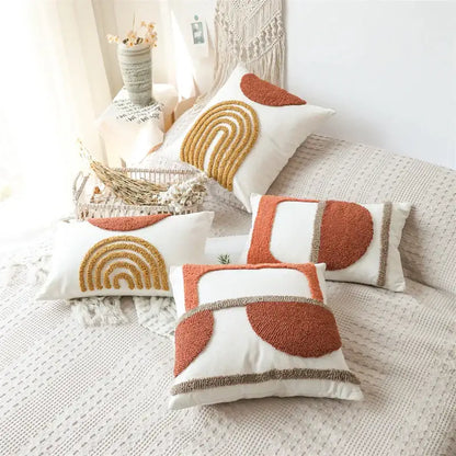 Tufted burnt orange and yellow cushion cover living room