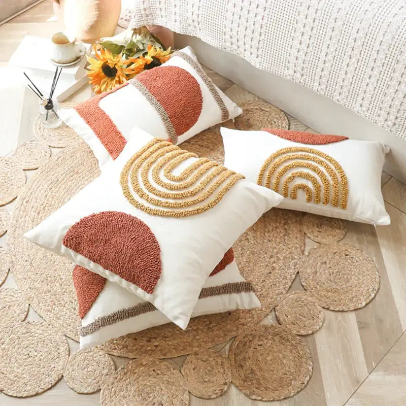 Tufted burnt orange and yellow cushion cover living room