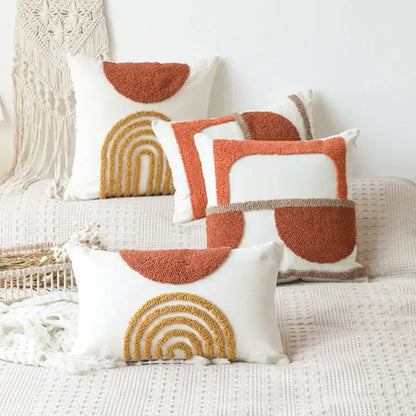 Tufted burnt orange and yellow cushion cover living room