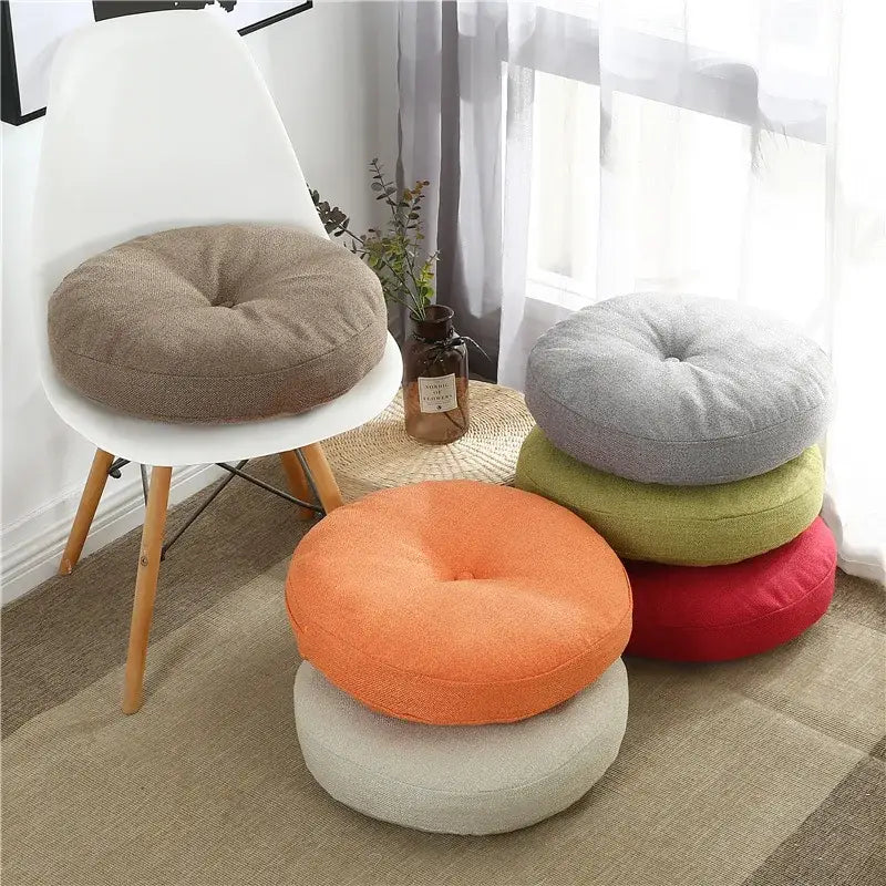 Tufted grey linen floor pillow seating cushion living room pouf