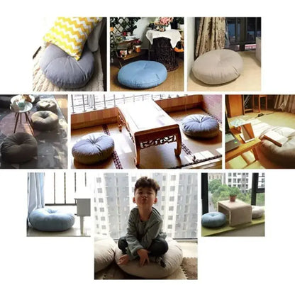 Tufted grey linen floor pillow seating cushion living room pouf