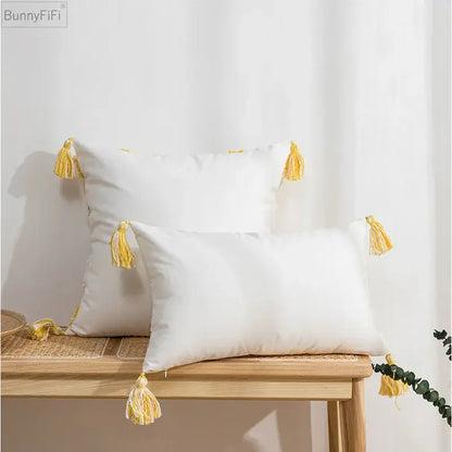 Tufted tassels white & yellow cushion cover living room decor