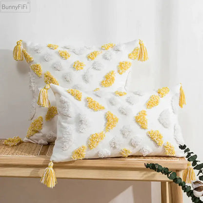 Tufted tassels white & yellow cushion cover living room decor