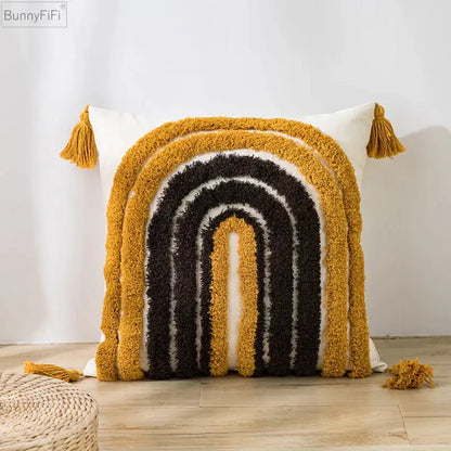 Tufted tassels white & yellow cushion cover living room decor
