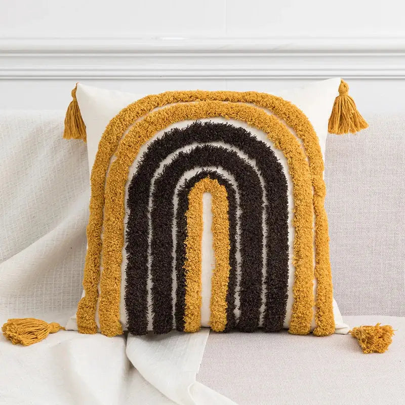 Tufted tassels white & yellow cushion cover living room decor