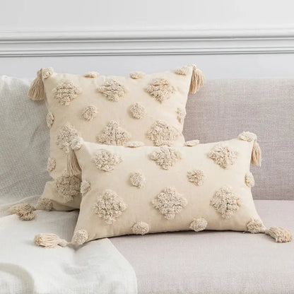 Tufted tassels white & yellow cushion cover living room decor