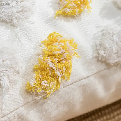 Tufted tassels white & yellow cushion cover living room decor