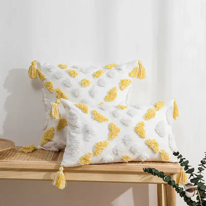 Tufted tassels white & yellow cushion cover living room decor