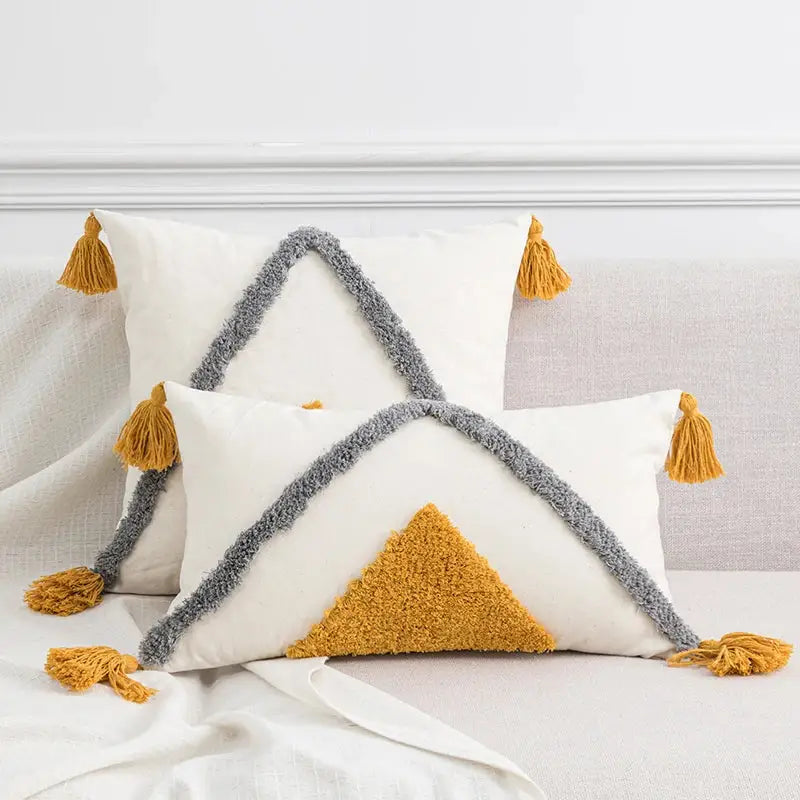 Tufted tassels white & yellow cushion cover living room decor