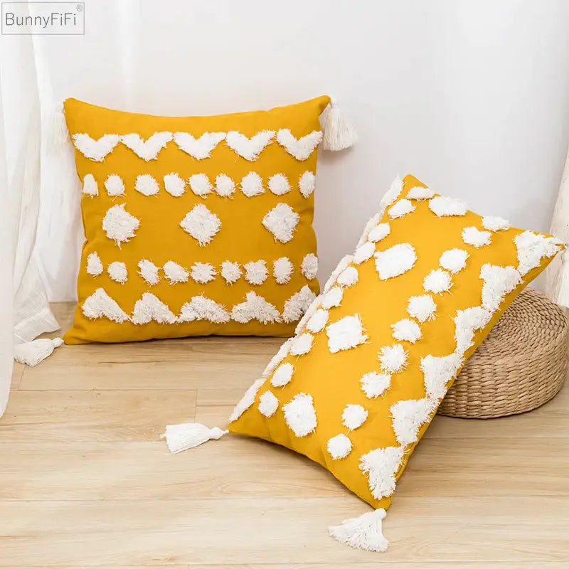 Tufted tassels white & yellow cushion cover living room decor