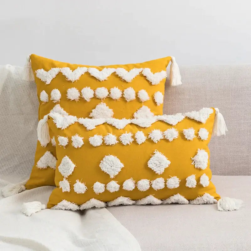 Tufted tassels white & yellow cushion cover living room decor