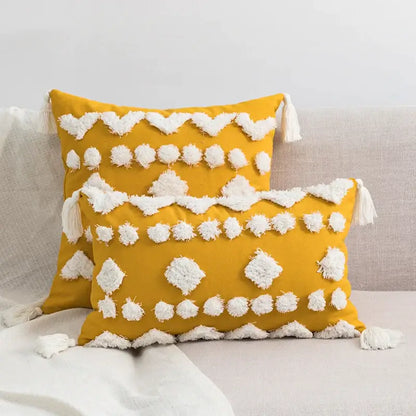 Tufted tassels white & yellow cushion cover living room decor