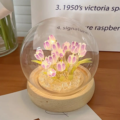 Pink tulip glass dome night light bedroom wood base
