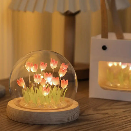 Pink tulip glass dome night light bedroom wood base