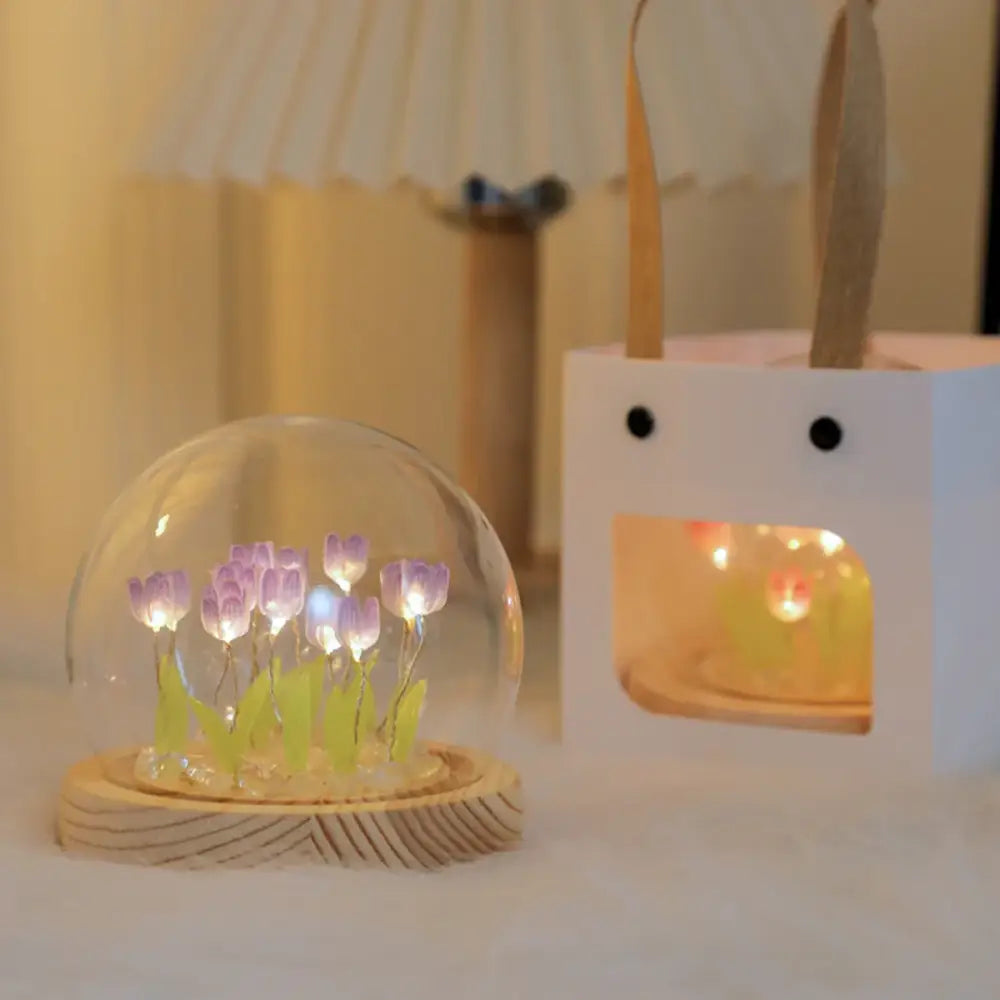 Pink tulip glass dome night light bedroom wood base