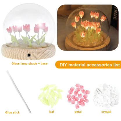 Pink tulip glass dome night light bedroom wood base
