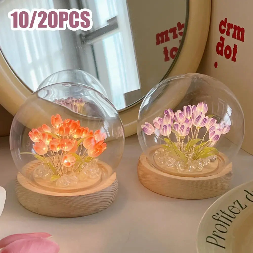 Pink tulip glass dome night light bedroom wood base