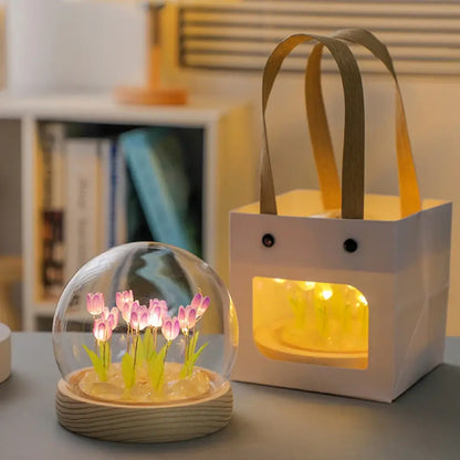 Pink tulip glass dome night light bedroom wood base