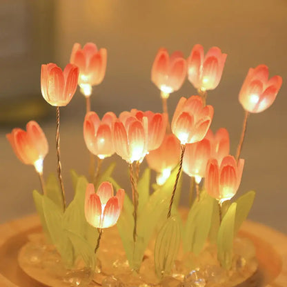 Pink tulip glass dome night light bedroom wood base