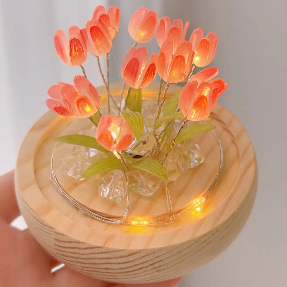 Pink tulip glass dome night light bedroom wood base